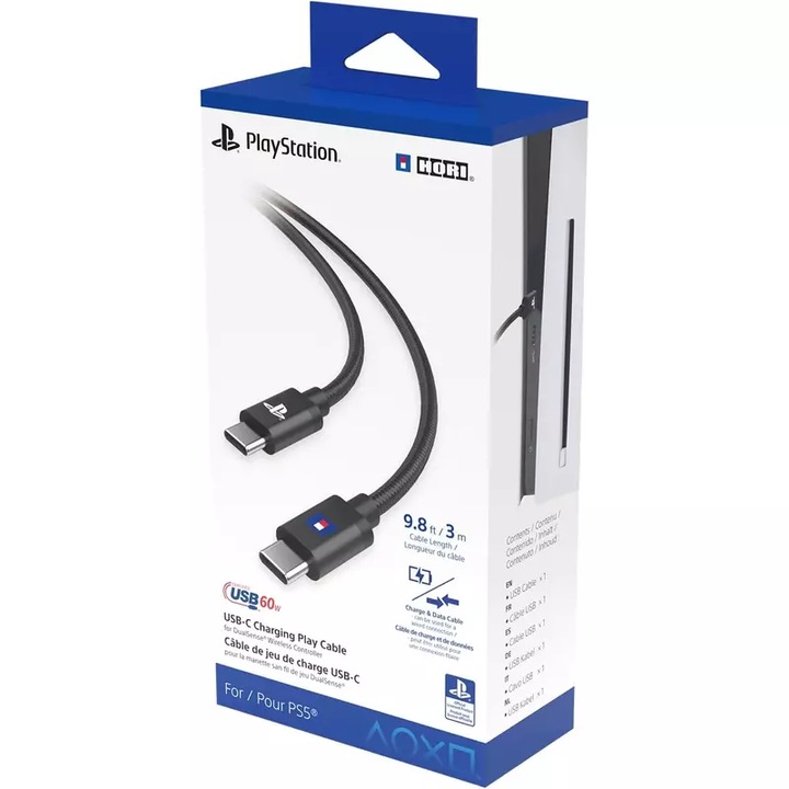 Hori Charging Play, PlayStation 5, DualSense, USB Type C, 60W, 3m, Adat és töltő kábel