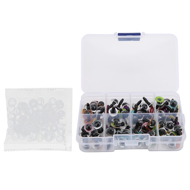 Set 80 bucati ochi pentru jucarii DIY 10MM, Enforose, asortati, cutie de plastic