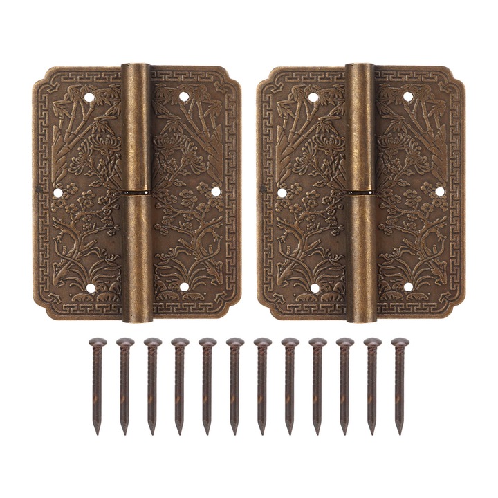 2 db antik sárgaréz zsanér növénymintával, vintage stílusban, bronz színű, 5x6 cm