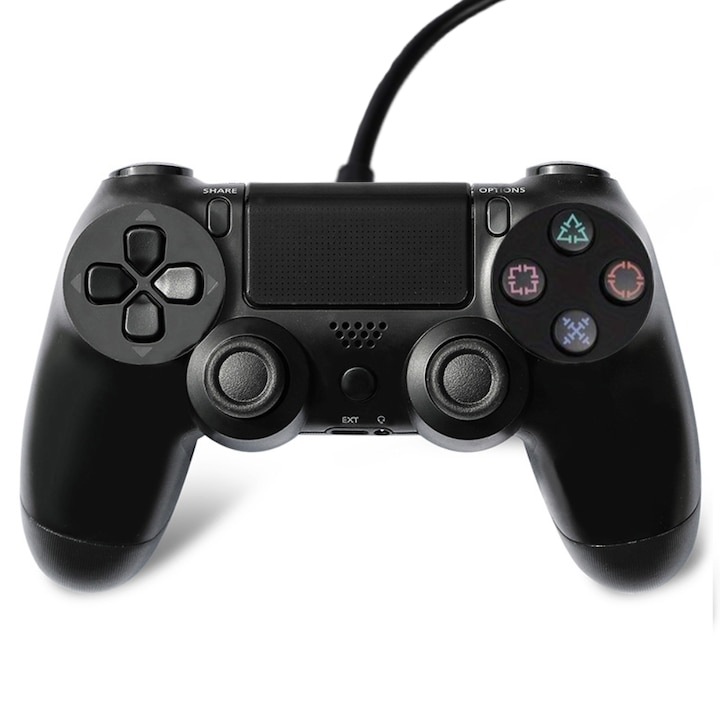 Controller cu Fir DoubleShock, pentru PS4, cu joystick-uri analog, vibratie dubla, nu necesita incarcare, senzor de miscare, 17 butoane, negru