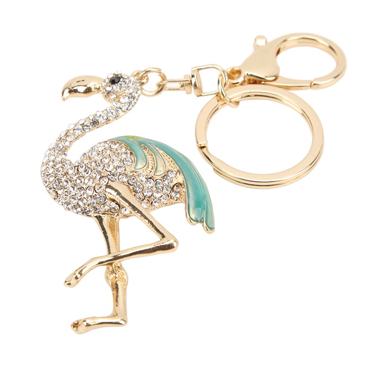 Flamingó kulcstartó, Jormftte, cinkötvözet, strasszok, zöld