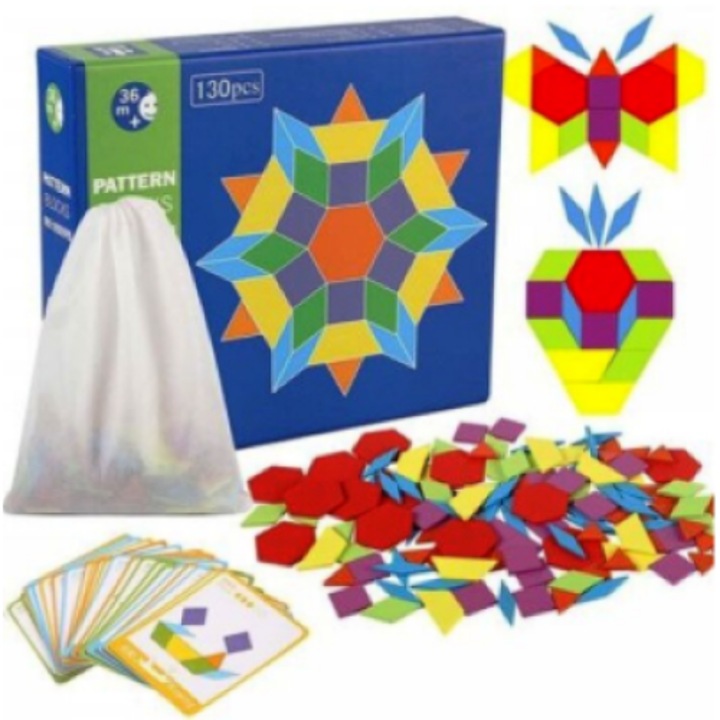 Joc puzzle tangram din lemn cu 130 piese, SARA-SHOP®