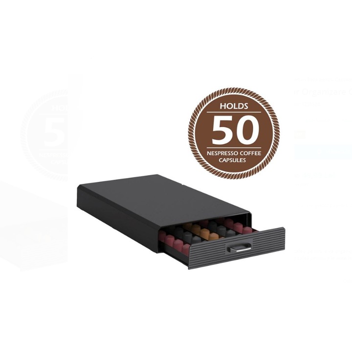 Sertar depozitare capsule cafea BURRAQ, plastic, 50 capsule, cu capac, negru