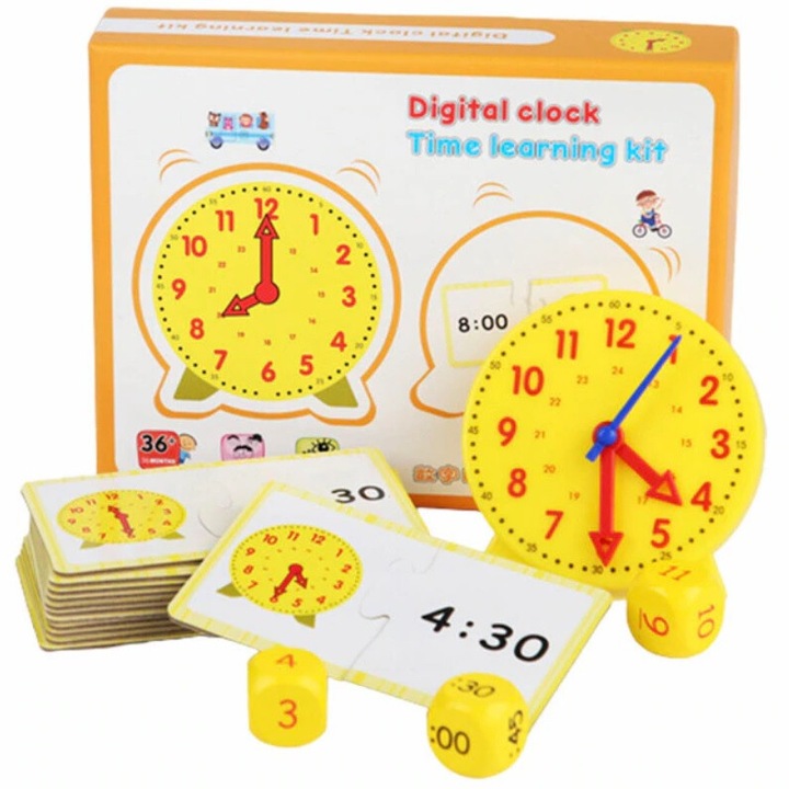 Set de joaca educativ Montessori Ceasul digital, sa invatam sa citim ceasul, 15 piese, E-Toy®