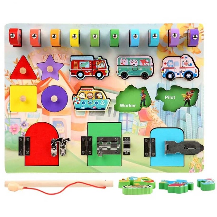 Placa cu activitati Montessori din lemn, potriveste puzzle, incuie, descuie si pescuieste, SARA-SHOP®