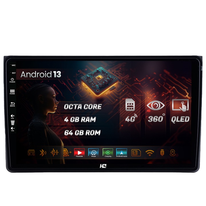 Navigatie HUB64 Audi A4(B6, B7), Seat Exeo, 4GB RAM, Android 13, Octacore, Slot Sim 4G, DSP, GPS, Wi-FI, Carplay, Android Auto, USB, Bluetooth, Waze, Touchscreen, 9 inch