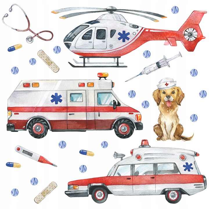 Set stickere decorative Mini Dekor, ambulanta, elicopter salvare, caine, 27 bucati, 130x52,5cm