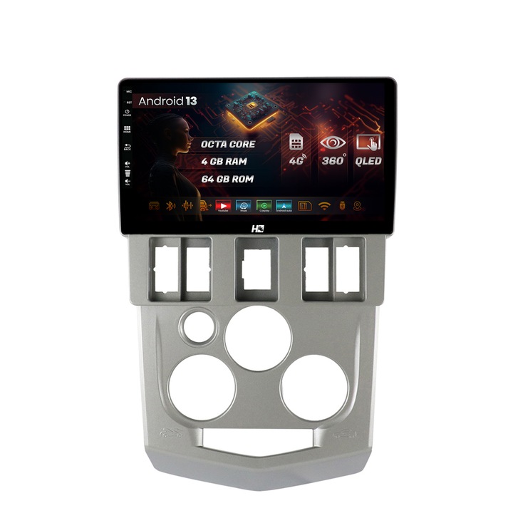 Navigatie HUB64 Dacia Logan PH1 (2004-2009), 4GB RAM, Android 13, Octacore, Slot Sim 4G, DSP, GPS, Wi-FI, Carplay, Android Auto, USB, Bluetooth, Waze, Touchscreen, 9 inch