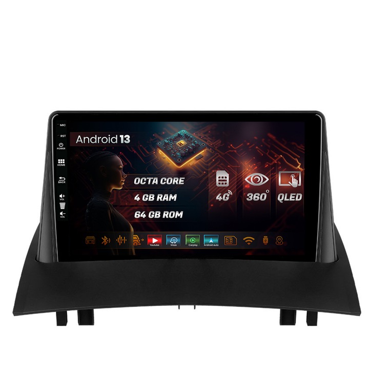 Navigatie HUB64 Renault Megane 2 (2002-2009), 4GB RAM, Android 13, Octacore, Slot Sim 4G, DSP, GPS, Wi-FI, Carplay, Android Auto, USB, Bluetooth, Waze, Érintőképernyő, 9 hüvelyk