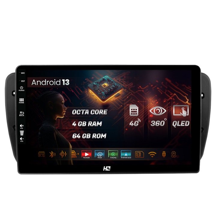 Navigatie HUB64 Seat Ibiza (2009-2013), 4GB RAM, Android 13, Octacore, Slot Sim 4G, DSP, GPS, Wi-FI, Carplay, Android Auto, USB, Bluetooth, Waze, Touchscreen, 9 inch