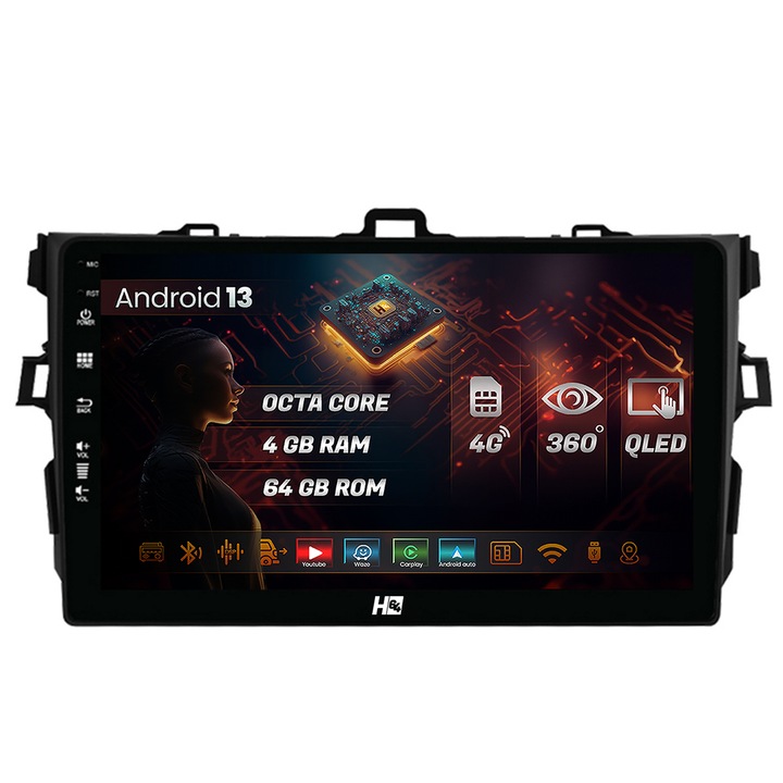 Навигация HUB64 Toyota Corolla (2007-2013), 4GB RAM, Android 13, Octacore, Слот за SIM 4G, DSP, GPS, Wi-FI, Carplay, Android Auto, USB, Bluetooth, Waze, Тъчскрийн, 9 инча
