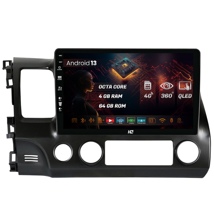 Navigatie HUB64 Honda Civic (2005-2012), 4GB RAM, Android 13, Octacore, Slot Sim 4G, DSP, GPS, Wi-FI, Carplay, Android Auto, USB, Bluetooth, Waze, Touchscreen, 10.1 Inch