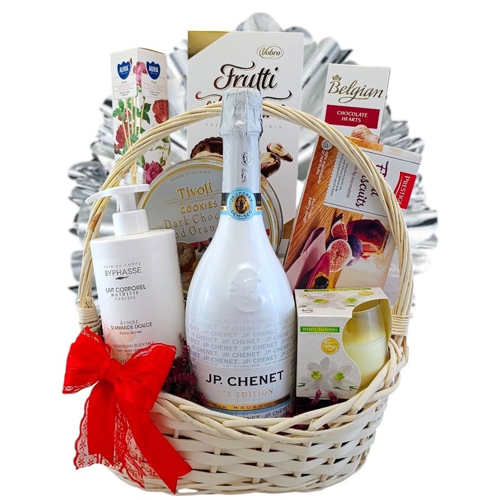 Cos Cadou Special, CADOURI RAFINATE, model White Selection, cu Vin Spumant Frantuzesc, Specialitati Gourmet din Ciocolata, Lotiune de Corp Hidratanta, Biscuiti Danezi cu Unt, Difuzor de Parfum de Camera, Lumanare Parfumata, 9 Articole