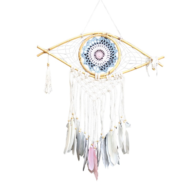 Decoratiune suspendata Dream catcher Protector, Ochi Mare, Macrame, Albastru, Alb si Roz