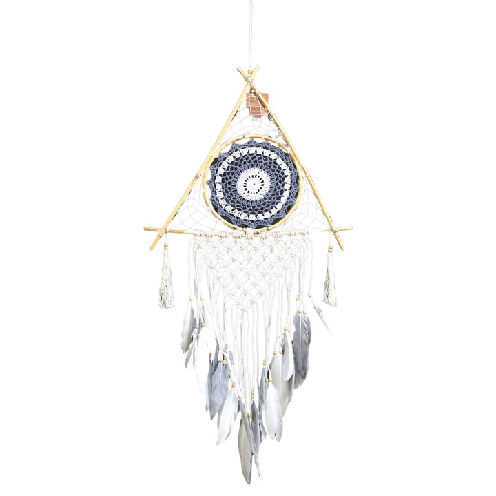 Decoratiune suspendata Dream catcher Protector, Piramida, Macrame, Alb si Gri