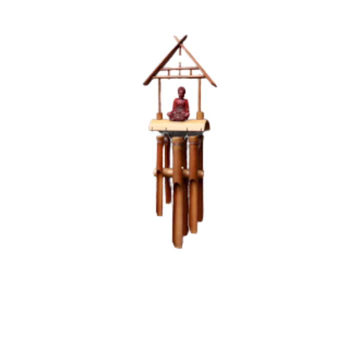 Clopotel de vant, 6 tuburi, bambus, design cu statueta rosie Buddha