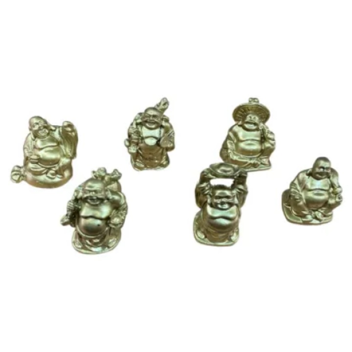 6 gyanta Feng Shui GOBI szobrocska, Arany Buddha a jólétért röggel és táskával 4,5 cm