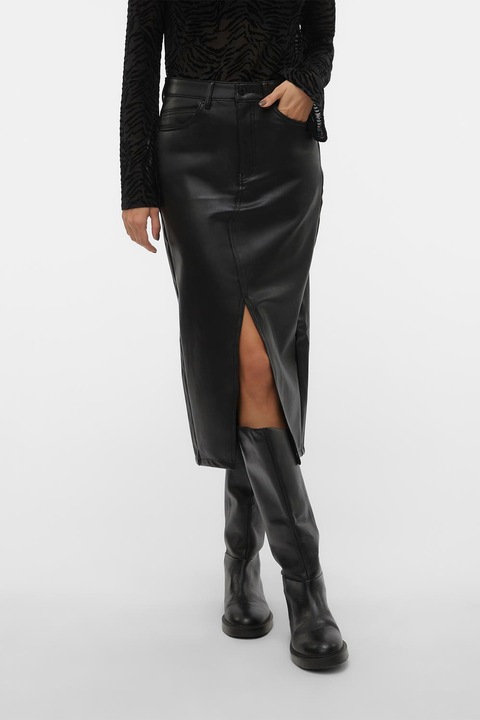 Vero Moda, Fusta midi de piele ecologica Veri, Negru
