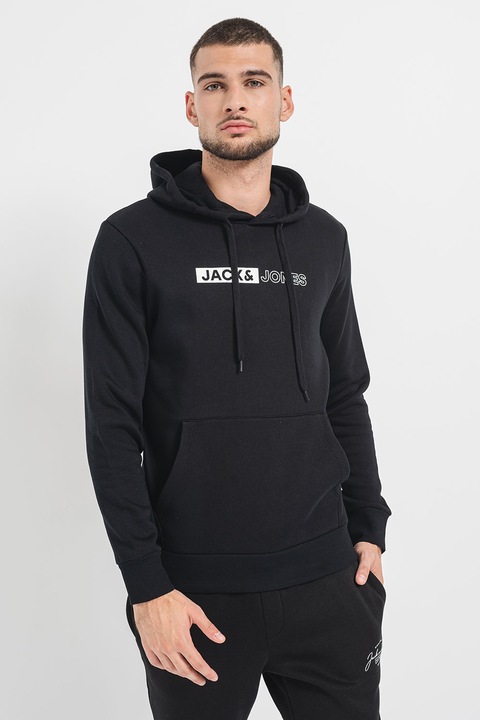 Jack & Jones, Hanorac cu buzunar kangaroo Corp, Negru/Alb optic