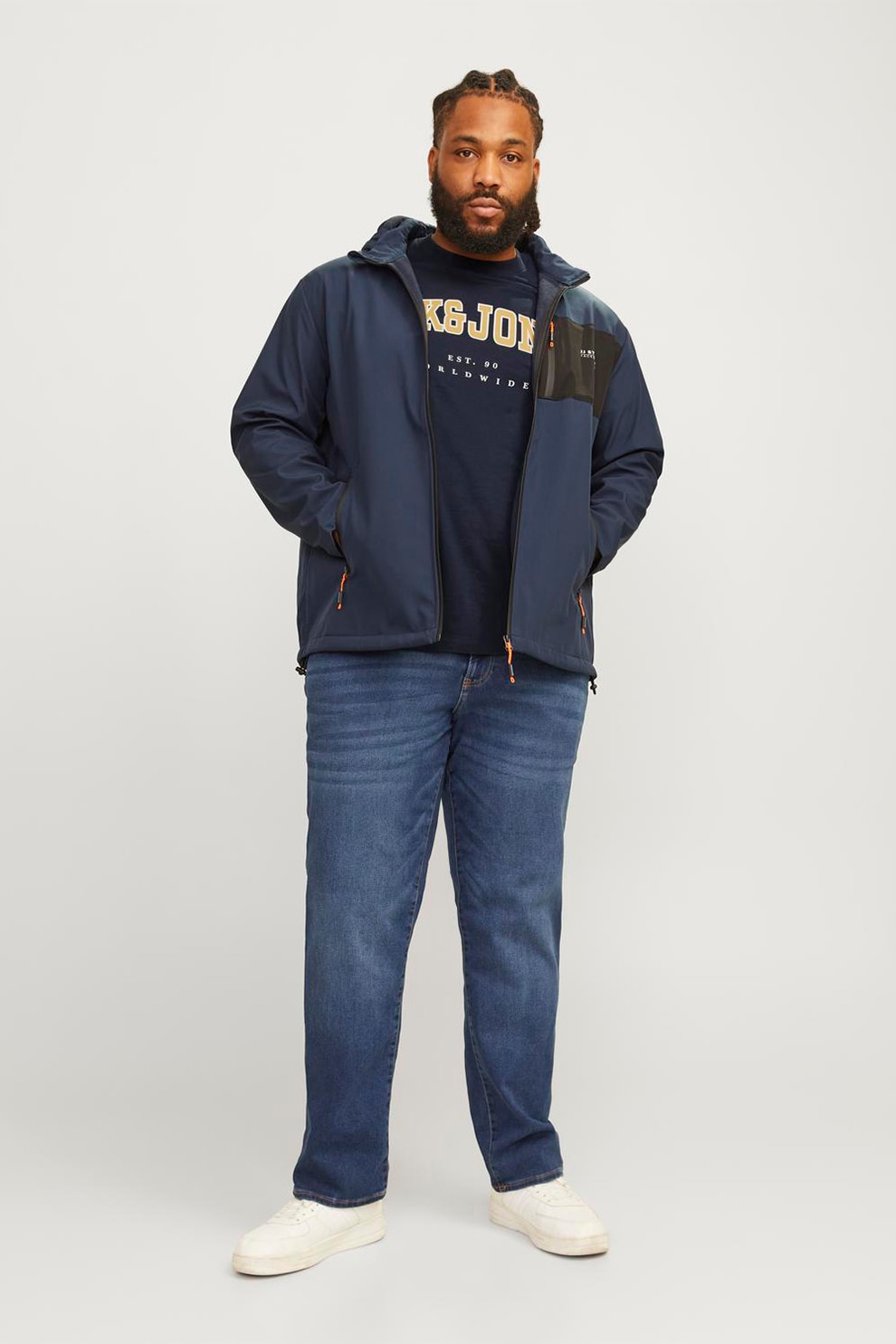 Jack & Jones, Tricou cu decolteu la baza gatului si logo, Bleumarin, 4XL