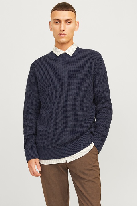Jack & Jones, Пуловер с овално деколте, Тъмносин