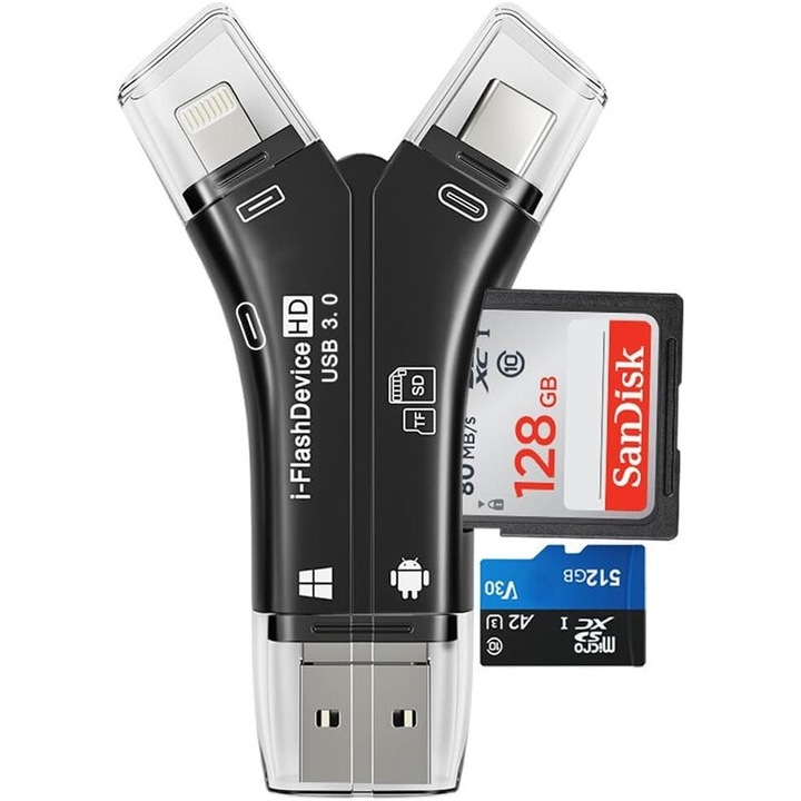 Cititor de carduri 4 in 1, USB, micro USB, slot SD/micro SD, port de incarcare, negru, portabil