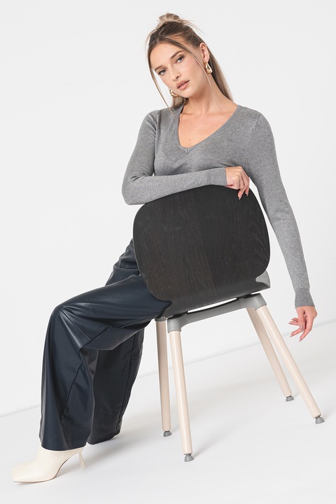 ONLY, Pulover tricotat fin cu decolteu in V, Gri deschis melange, S