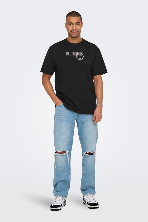 ONLY & SONS, Feliratos organikuspamut póló, Fekete/Fehér