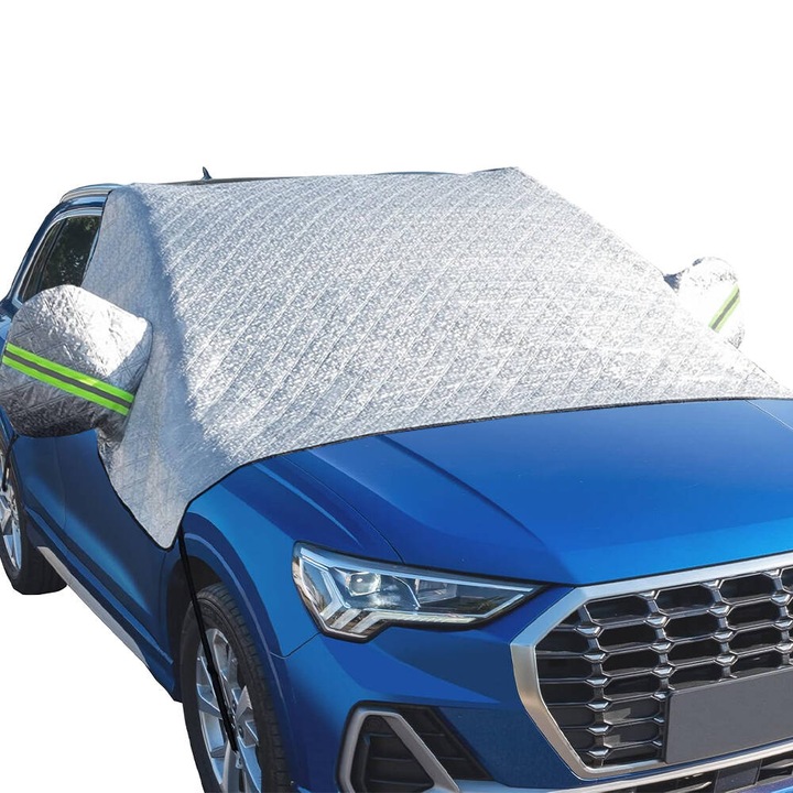 Parasolar pentru protectie parbriz si oglinzi, Yefound®, cu banda reflectorizanta, anti-inghet si parasolar, universal, 220x140cm, Argintiu/verde