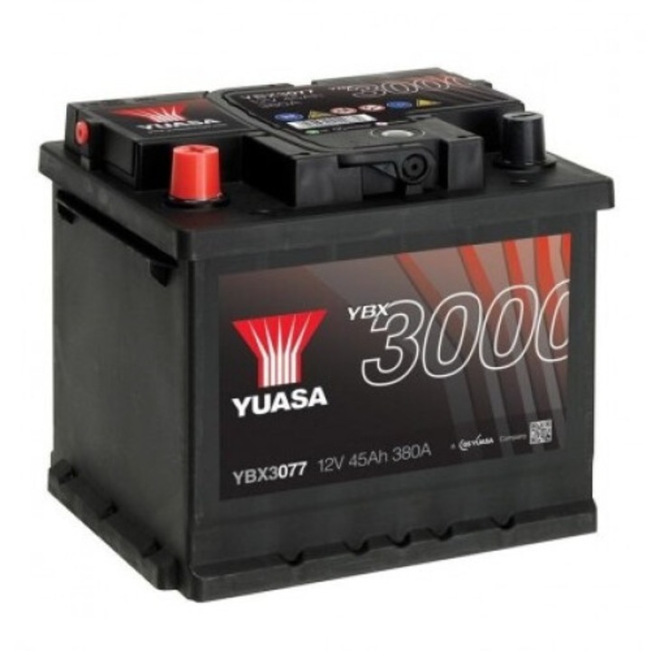 Baterie auto YUASA 3000 YBX3077 ASIA, 12 V, 45 Ah, 380 A, 207 x 175 x 190 mm, borna inversa stanga +