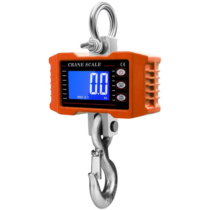 Cantar electronic de macara, 1000KG, afisaj LCD, inele din otel inoxidabil, utilizare pe scara larga, durabil, usor de transportat, portocaliu