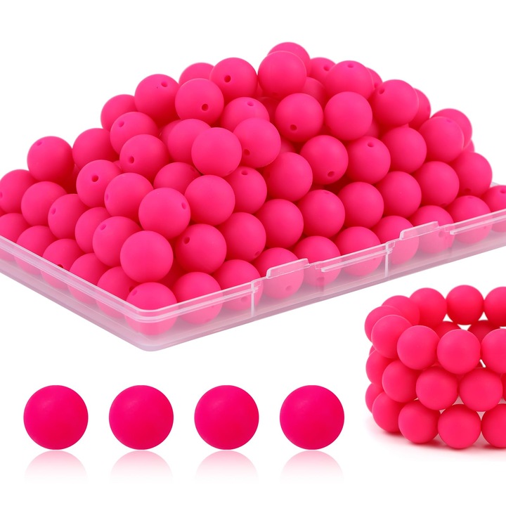 Set de artizanat Choiceness, 50 bile silicon 15mm, roz intens, pentru confectionare brelocuri