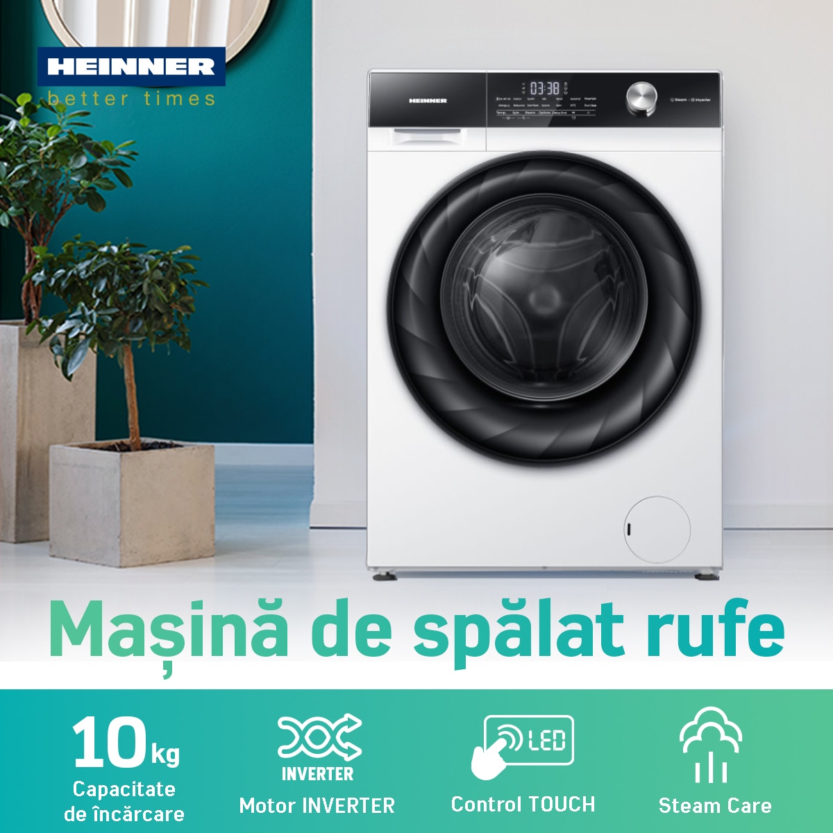 Masina de spalat rufe Heinner HWM-H1014IVKA+++, 10 kg, 1400 rpm, Clasa A, Motor Inverter, Display digital, Clatire suplimentara, Alb