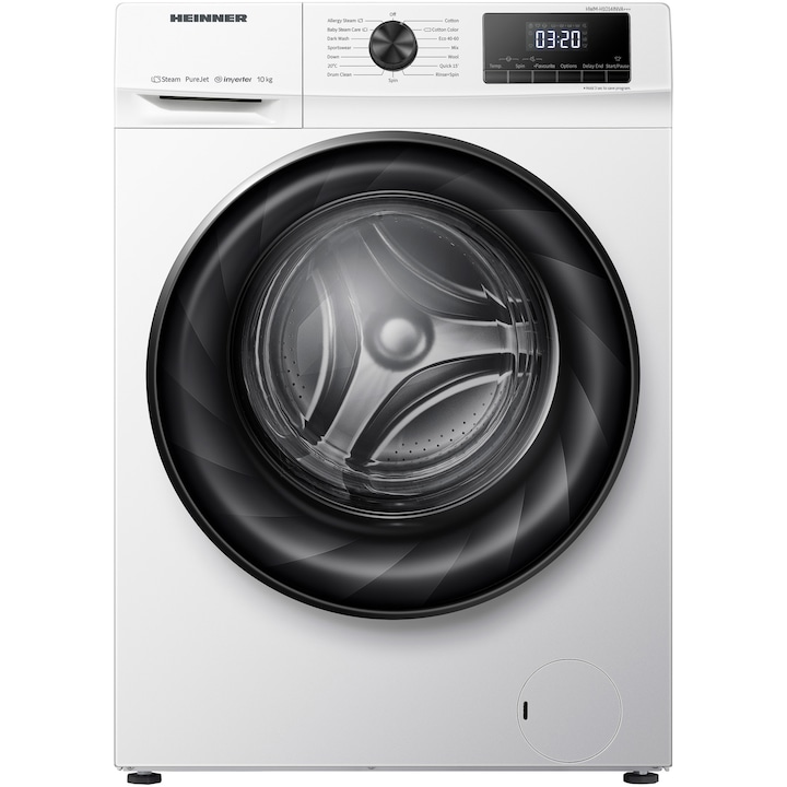 Пералня Heinner HWM-H1014INVA+++, 10 кг, 1400 об/мин, Клас А, Инверторен мотор, Дигитален дисплей, Допълнително изплакване, Бял