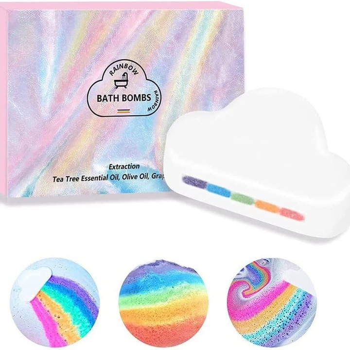Големи бомбички за баня Cloud Rainbow с масло от ший и етерични масла за релакс, подарък за деца, жени, 180 гр.