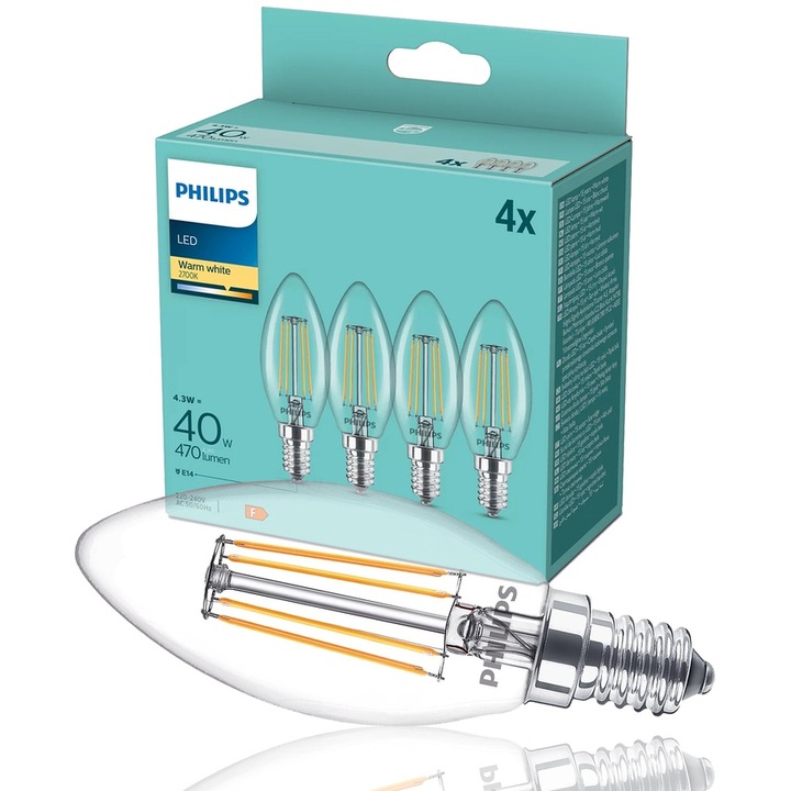 Set 4 Becuri LED, Philips, 40W, Alb Cald
