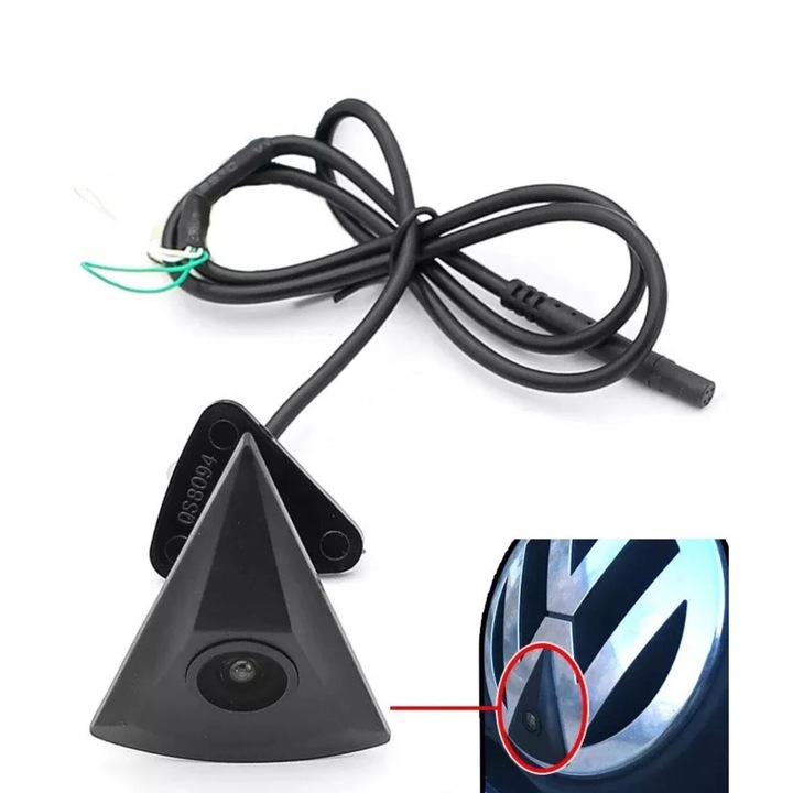 Camera Frontala Auto, AutoREY®, Montaj In Sigla OEM, Compatibila Volkswagen VW Golf Passat Tiguan, Unghi 150° Fisheye, Senzor CMOS, Vedere Nocturna Starlight, Conexiune RCA PAL NTSC, Waterproof IP68, Carcasa Anti Soc, Cablu 6m, Camera Auto, Negru