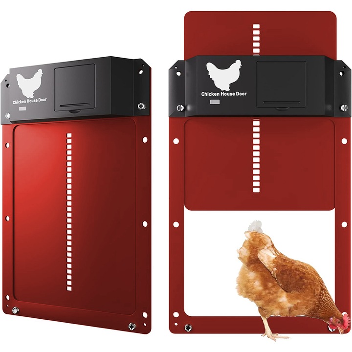 Automata csirkeól ajtó, Minetgnon®, fényérzékelő, elem nem tartozék, automatikusan záródó napkelte-naplemente, vízálló ip44, PP, piros