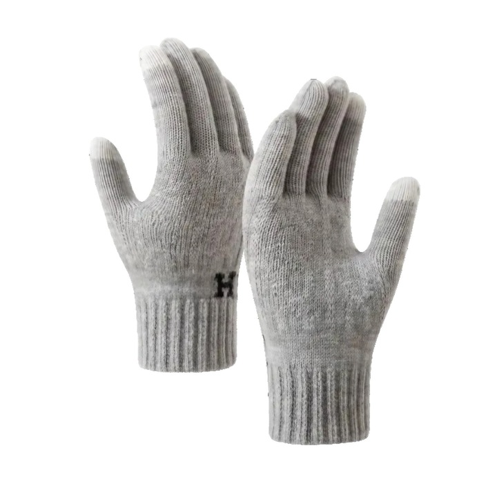 Manusi de Barbat, Model H, Functie Touchscreen (ecran tactil), Material Acril Tricotat, Manseta Elastica, Interior Catifelat, Universala, Gri deschis, One-Size