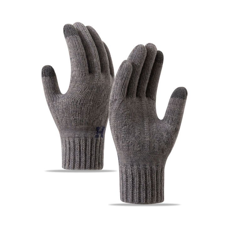 Ferfi kesztyu, H modell, erintokepernyo funkcio, kotott akril anyag, rugalmas mandzsetta, barsonyos belso, univerzalis, Sötétszürke, One-Size