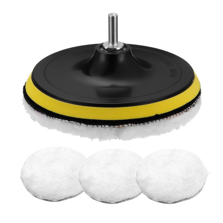 Set 5 piese polish auto profesional cu taler M14, discuri de rezerva 12.5 cm lana pentru lustruit si adaptor pentru bormasina, SOLLUXE®