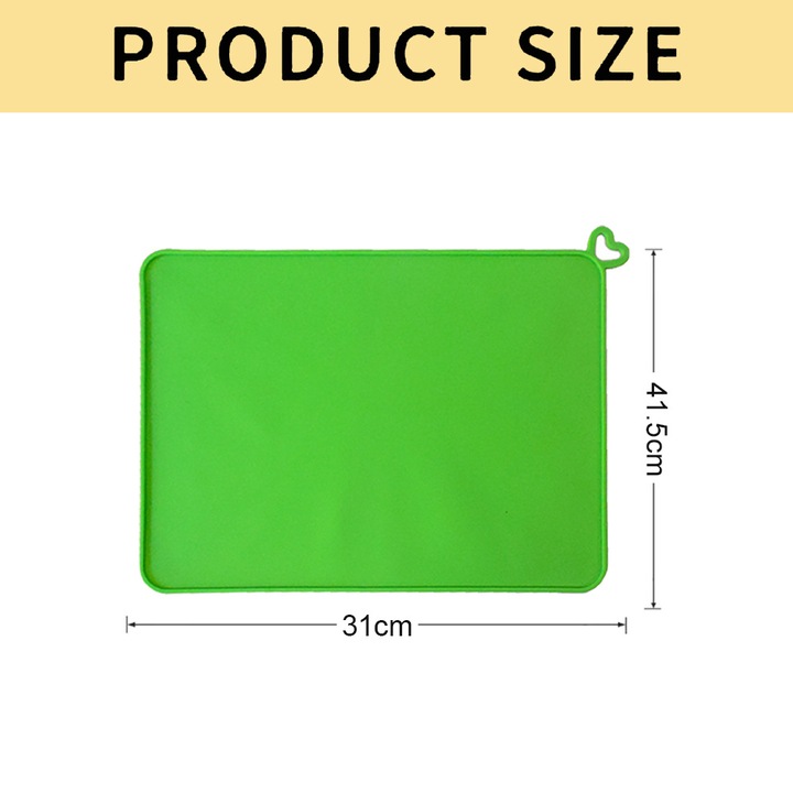 Etetőtál alátét szőnyeg kisállatoknak, élelmiszer minőségű szilikon, megemelt élek, vízálló, szívkampós kivitel, zöld