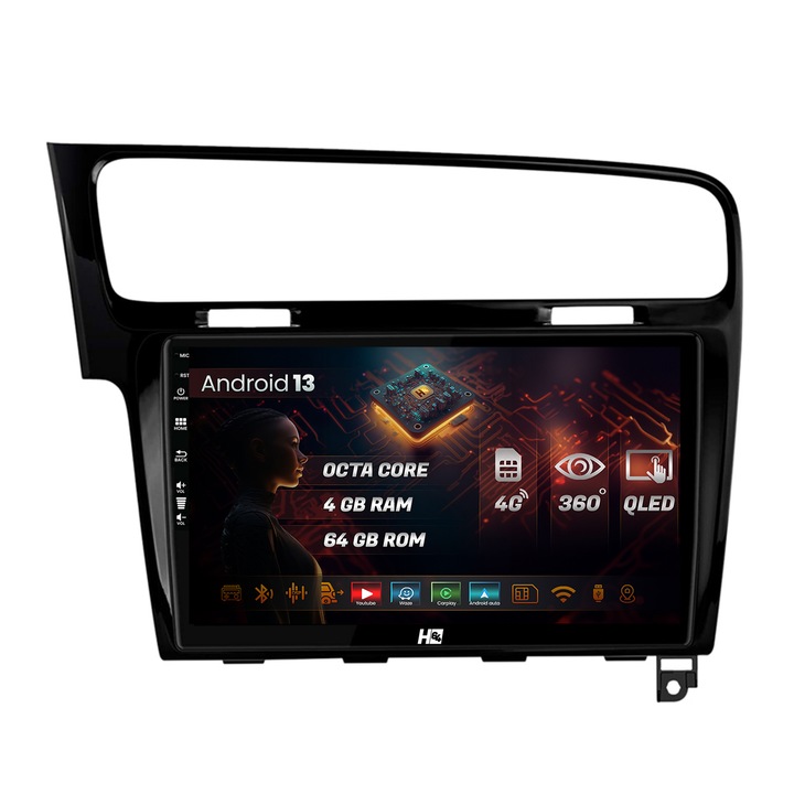 Navigatie HUB64 Volkswagen Golf 7, 4GB RAM, Android 13, Octacore, Slot Sim 4G, DSP, GPS, Wi-FI, Carplay, Android Auto, USB, Bluetooth, Waze, Touchscreen, 10.1 Inch V2