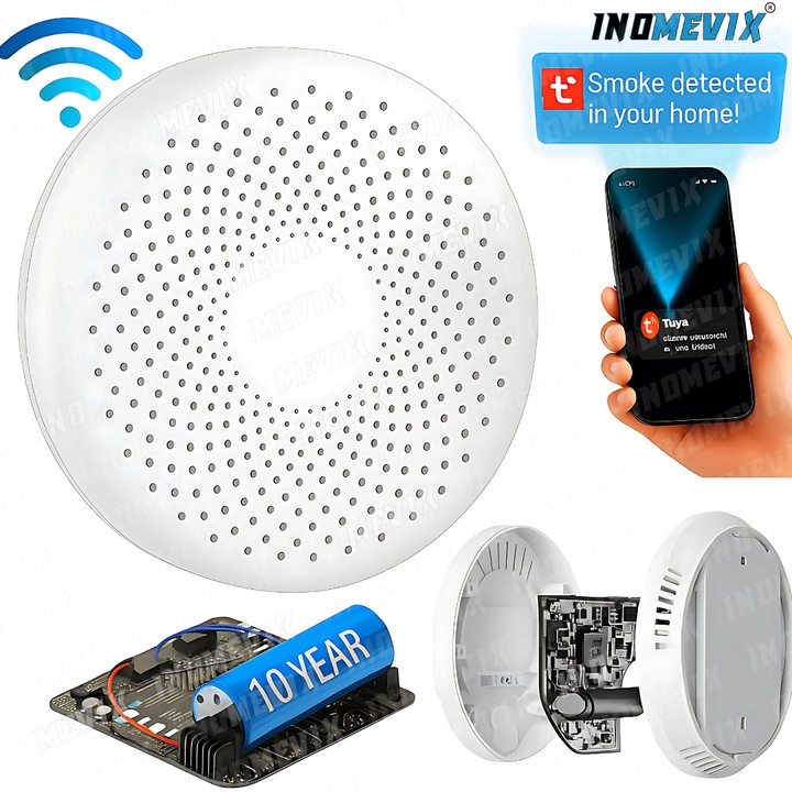 Detector de fum si Monoxid de carbon, 2-in-1, INOMEVIX® Smart, Wi-Fi, Baterie long life 10 ani, Acoperire de 40 m², Compatibil cu aplicatiile Smart Life/Tuya, Avertizare sonora si luminoasa, 85 dB, Material antiinflamator, Instalare simpla si rapida