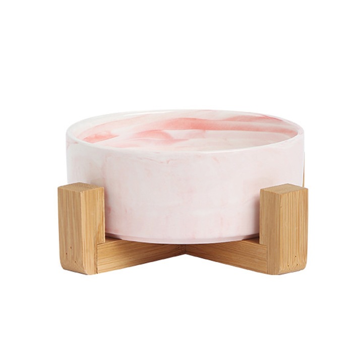 Castron pentru animale, AMRINUGL, set cu suport din lemn, ceramica, roz