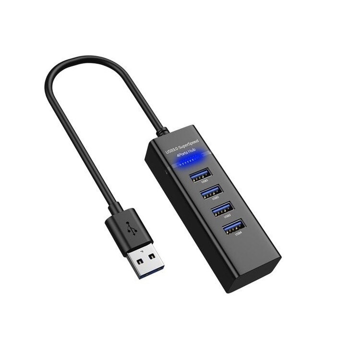 Hub USB cu 4 porturi USB 3.0, ultra slim, incarcare sau transfer de date, 5Gbps, negru
