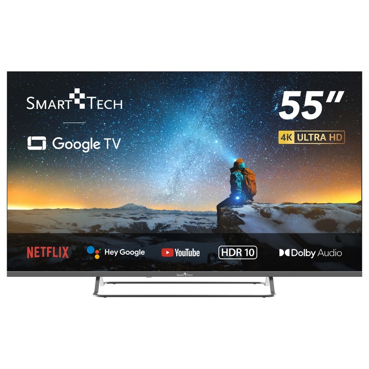 Smart Tech 55UG02V, 55" (139 cm) Google Televízió, 4K UHD LED TV, 2G/8G, Wi-Fi, Bluetooth, DVB-T2/C/S2, Netflix, YouTube, Amazon Prime, Dolby Audio