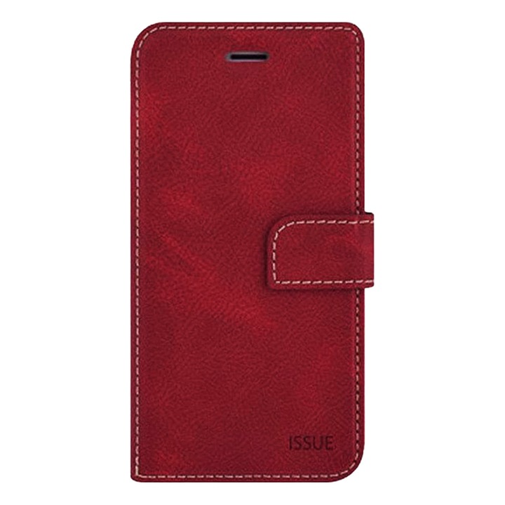 Husa Flip din Piele Lucrata Manual pentru Apple iPhone 13 Pro Max, OPTIM SOLUTION, Inchidere Magnetica, Optim Cut Issue Solve, Cadru Interior din Silicon, Classy Design, Functie Suport, Portofel, Rosu