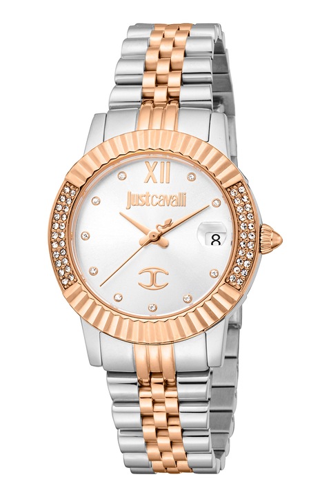 JUST CAVALLI, Часовник от неръждаема стомана и циркони, Rose Gold, Сребрист