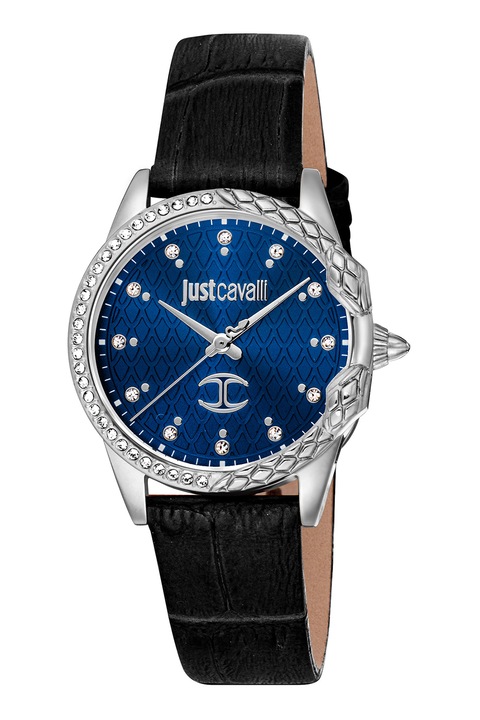 JUST CAVALLI, Ceas analog din otel inoxidabil cu o curea din piele, Argintiu, Negru